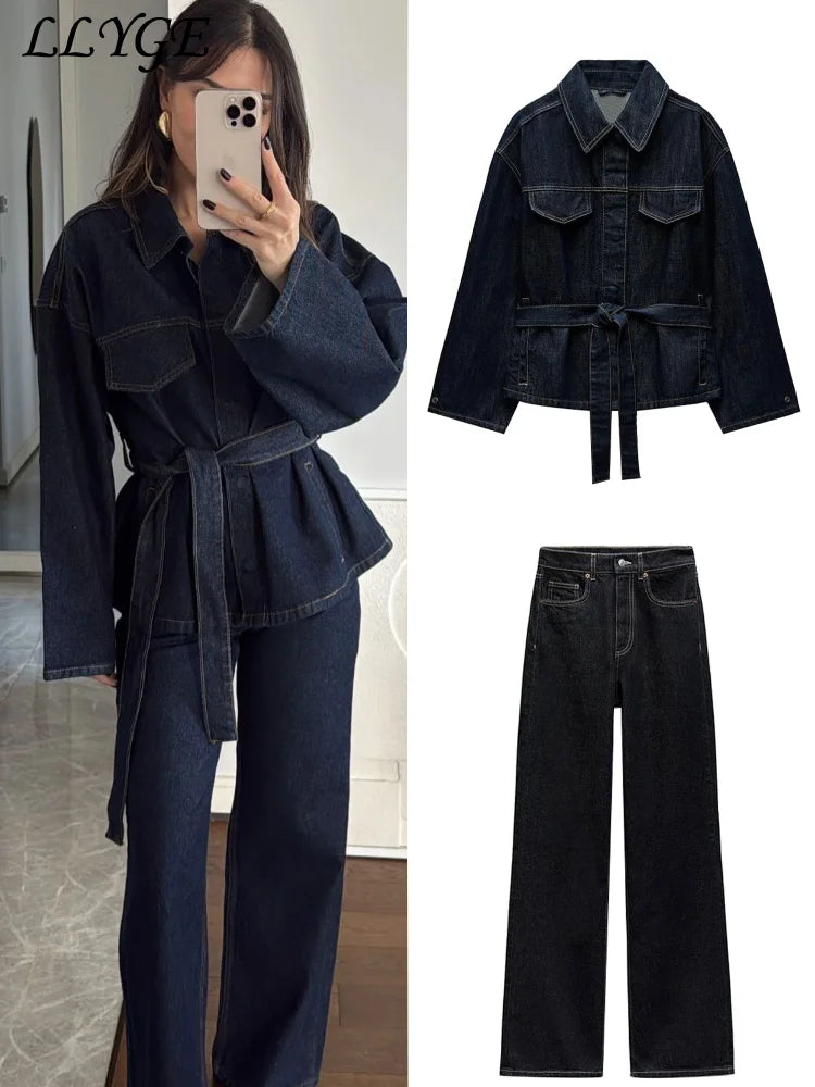 Vintage Belt Denim Jacket Pants Set Women Lapel Single Breasted Jackets Pockets Straight Jeans 2025 Spring Lady Street Outfits