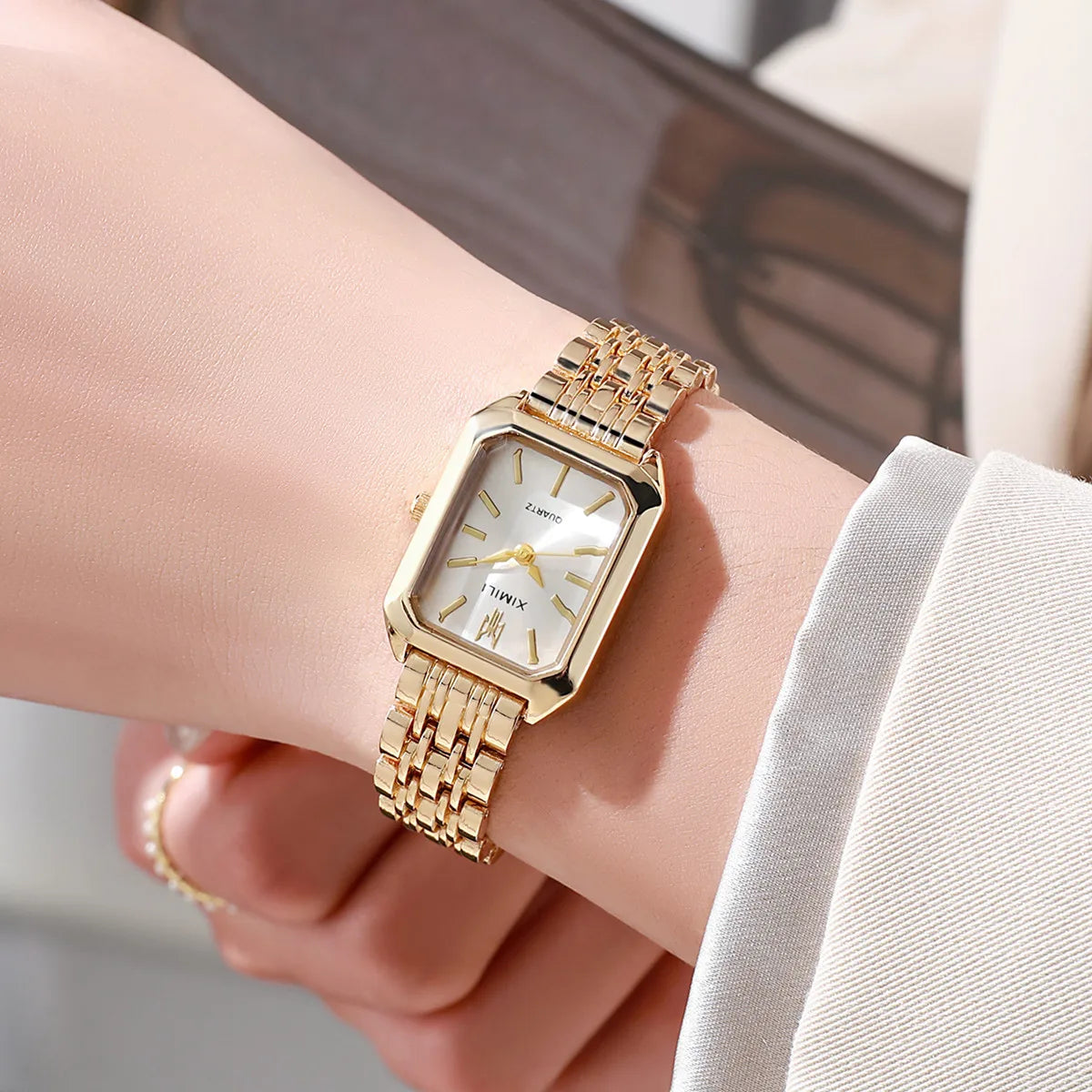 Women Watches Business Luxury Ladies Fashion Quartz Watch Simple Scale Square Quality Gold Plated Stainless Steel Folding Clock