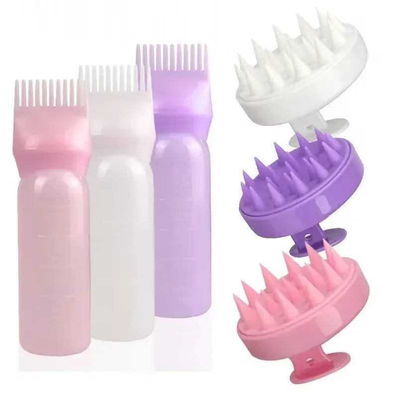 Silicone Shampoo Brush Head Scalp Massage Comb Hair Dye Tint Oil Applicator Bottle with Brush Barber Salon Hair Styling Tools