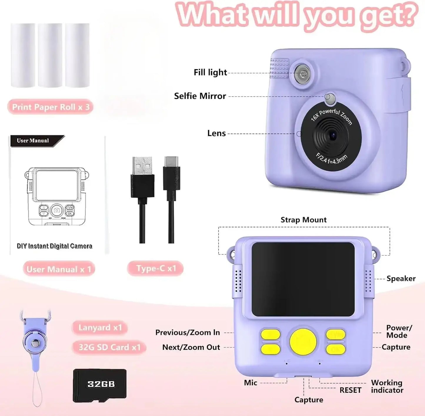 Instant Print Camera for Kids,1080P HD Digital Video Cameras for Toddler，Christmas Birthday Gifts for Age 3-12 Girls Boys，