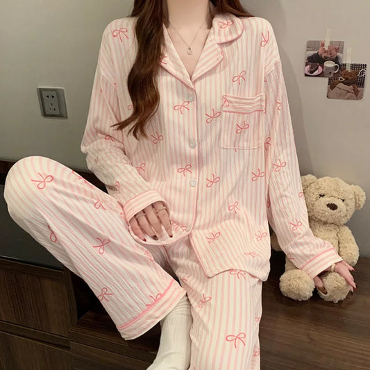 New Women's Spring and Fall Pajamas Homewear Set Wrinkled Cloth Sweet Girl Students Long-Sleeved Casual Pajamas Homewear Set