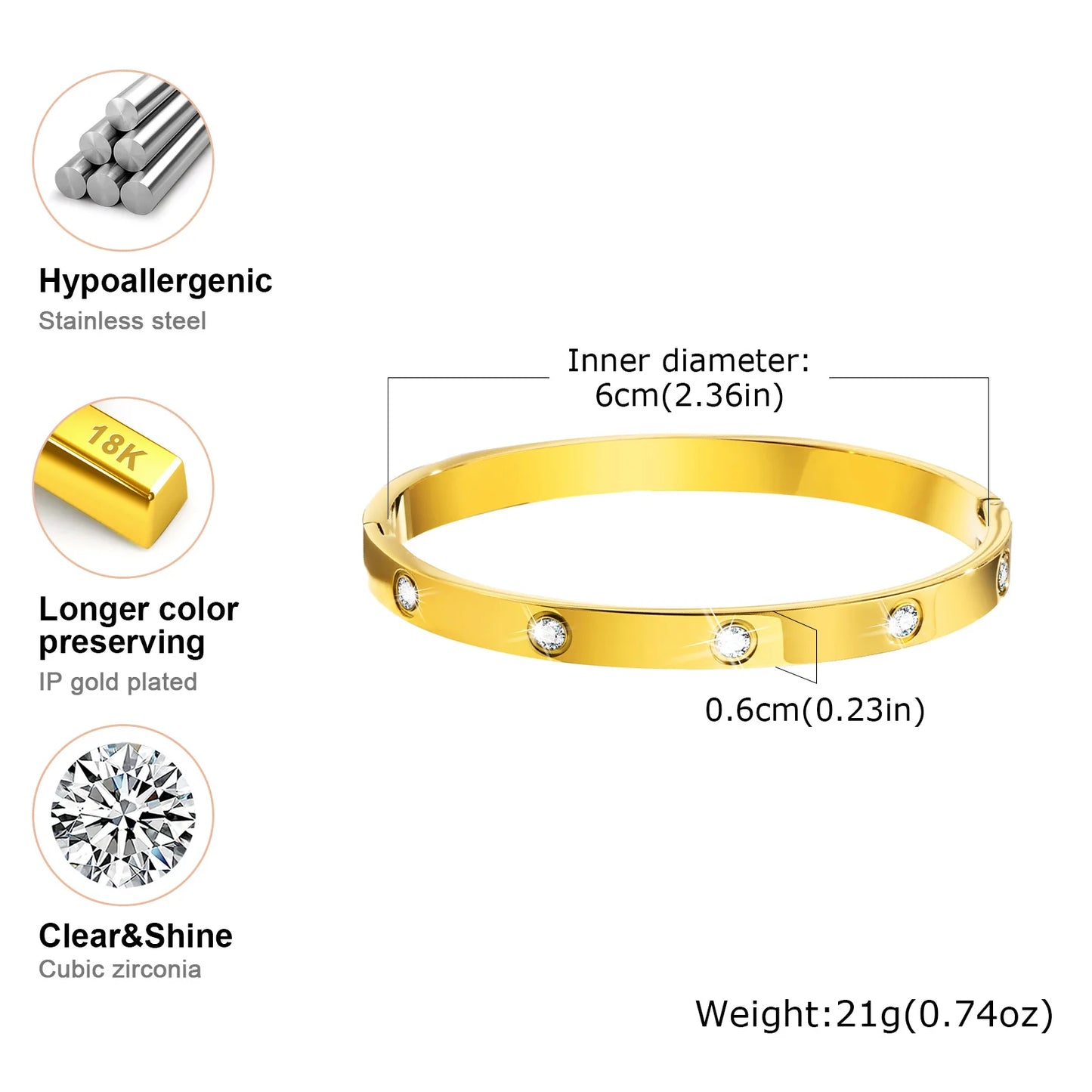 Vnox High-End Stainless Steel Women Bangles, Luxury Solid Gold Plated Love Cuff Bracelets,US Europ Hot Fashion Daily Ins Jewelry