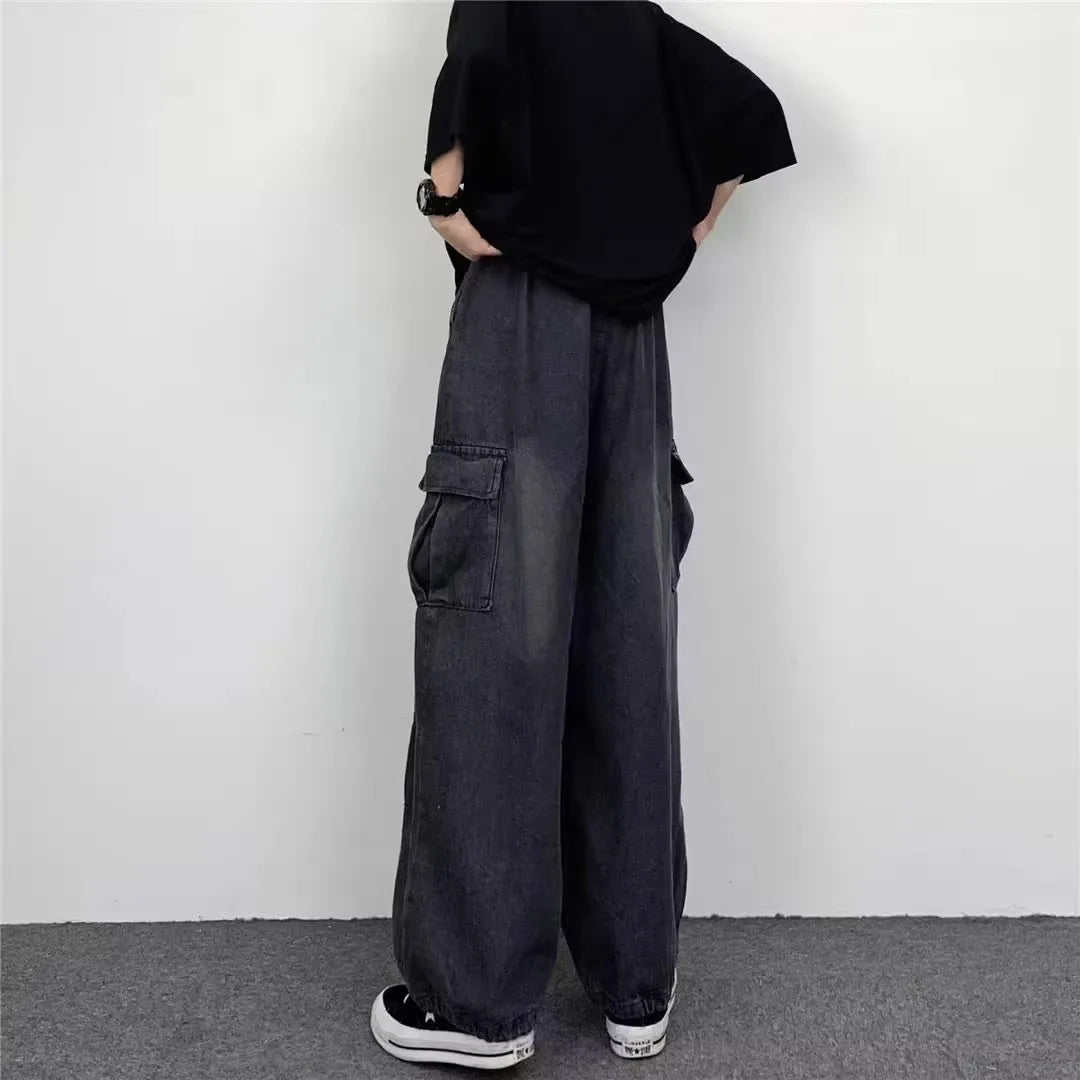 Men Denim Jeans Wide Leg Pants Cargo Long Pant Splice High Waist Loose Casual Button Pocket Straight Trousers Autumn Winter