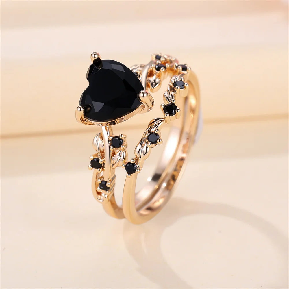 Royal Blue Green Black Red Stone Heart Ring Sets For Women Rose Gold Color White Zircon Bridal Wedding Bands Mothers Day Jewelry