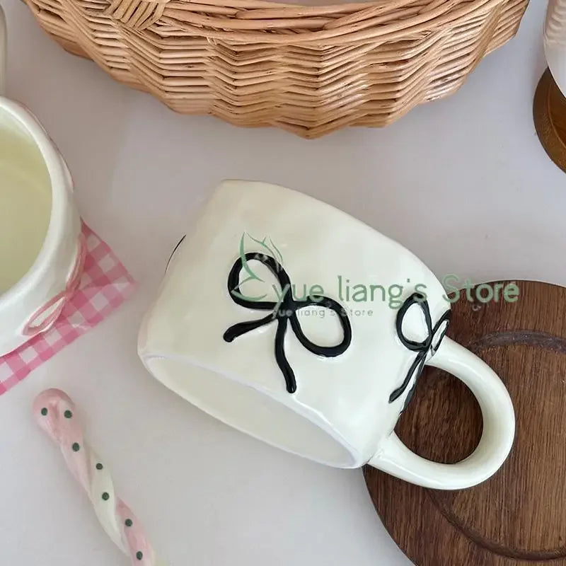 Cream Colored Relief Bow Ceramic Mug, French Simplicity High-value Breakfast Cup, Household Coffee Cup, Birthday Gift