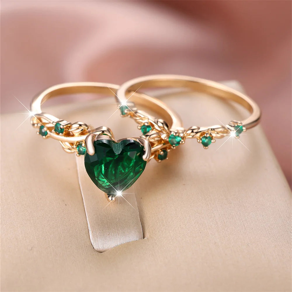 Royal Blue Green Black Red Stone Heart Ring Sets For Women Rose Gold Color White Zircon Bridal Wedding Bands Mothers Day Jewelry