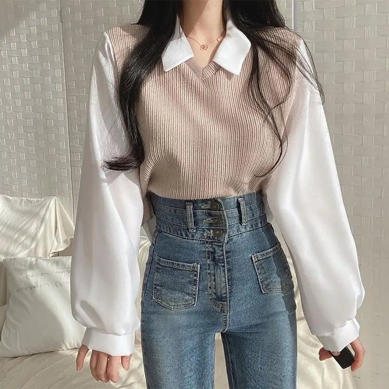 Summer Blouse Women Korean Style False Two-piece Polo Collar Blouses Y2k Tops Streetwear Loose Youth Pullovers Elegant Shirt