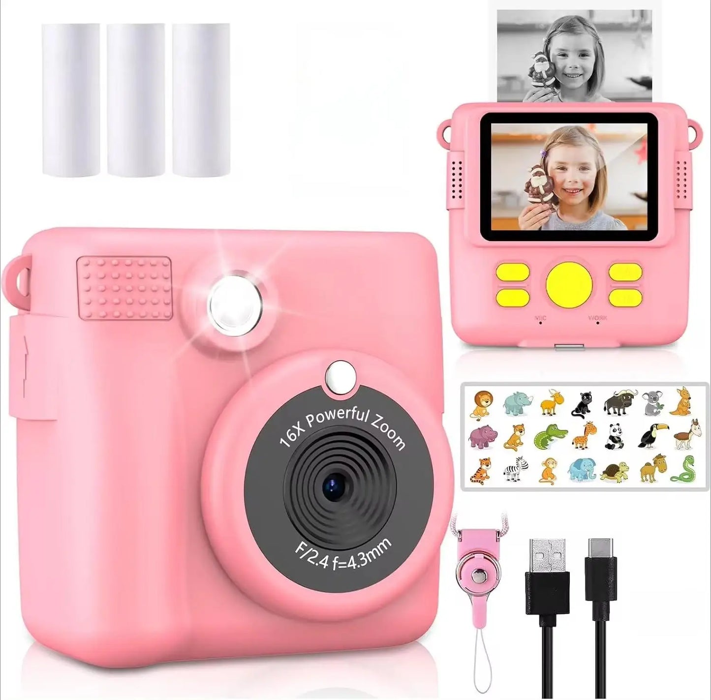 Instant Print Camera for Kids,1080P HD Digital Video Cameras for Toddler，Christmas Birthday Gifts for Age 3-12 Girls Boys，