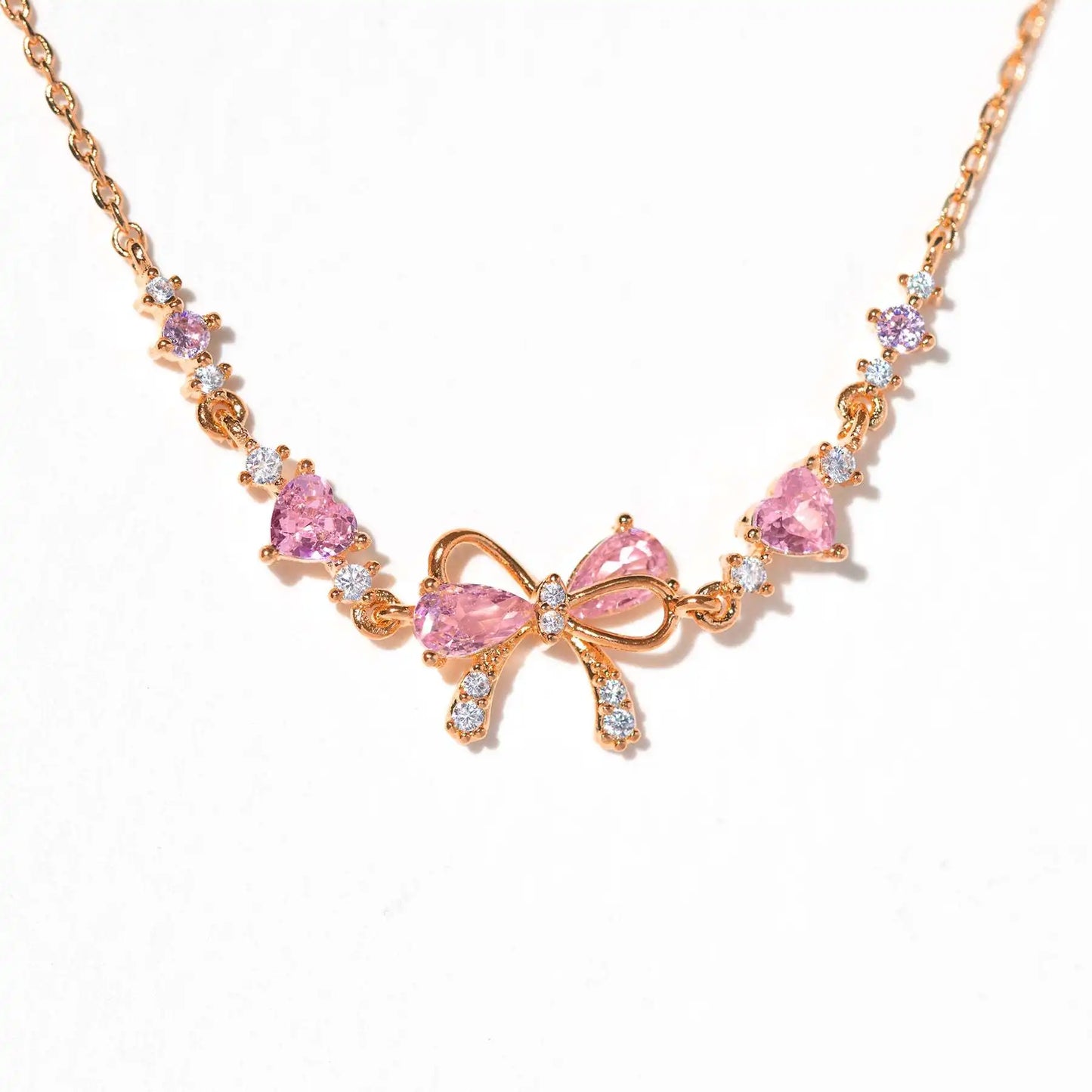 Y2K Exquisite Sweet Pink Zircon Bowknot Stainless Steel Love Heart Chain Bracelet for Women Girls Party Birthday Jewelry Gifts