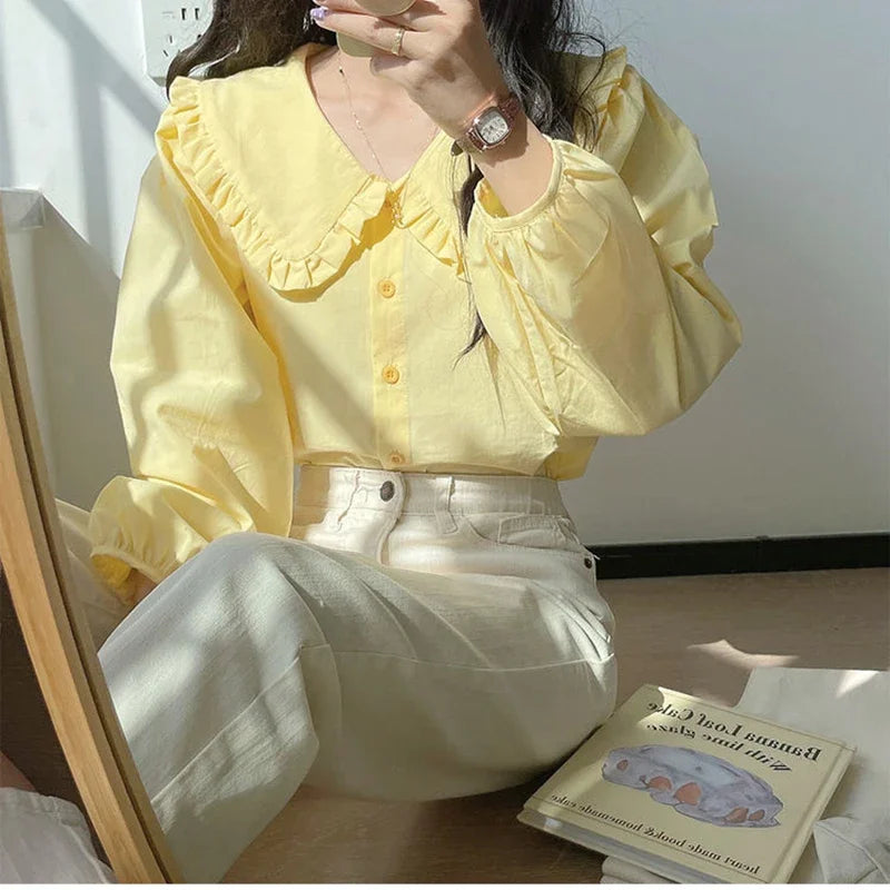 Sweet Peter Pan Collar Shirt Women Vintage Long Sleeve Blouse Female Preppy Style Yellow Blue Loose  Buttons Youth Tops 2023 Y2k