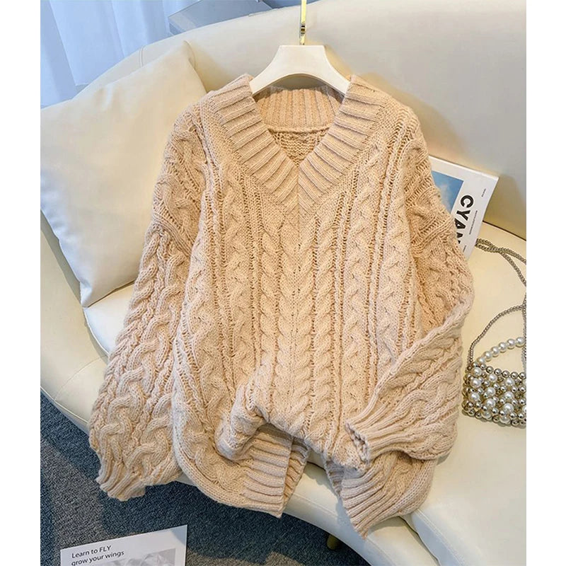 MEXZT Harajuku Sweater Women Fashion Oversized Pink V Neck Knitted Pullovers Korean Long Sleeve Knitwear Winter Casual Jumpers