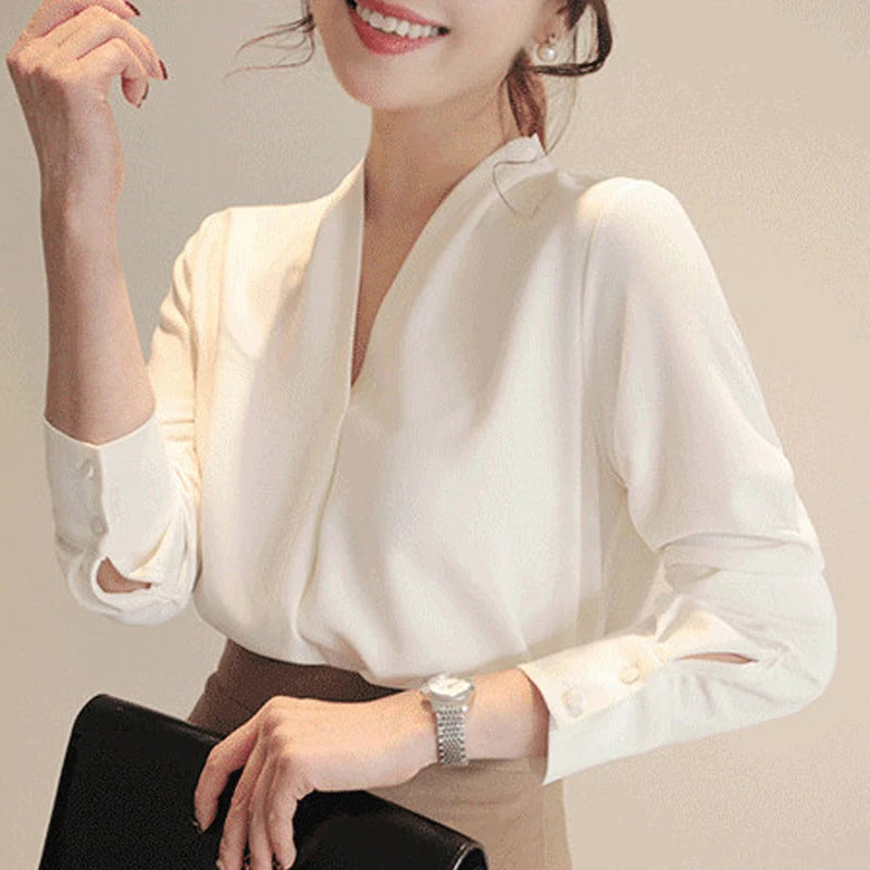 New Fashion Long Sleeve V Neck Chiffon Women's Shirts Spring Summer White Women Blouse Office Lady Clothes Korean Tops  9382