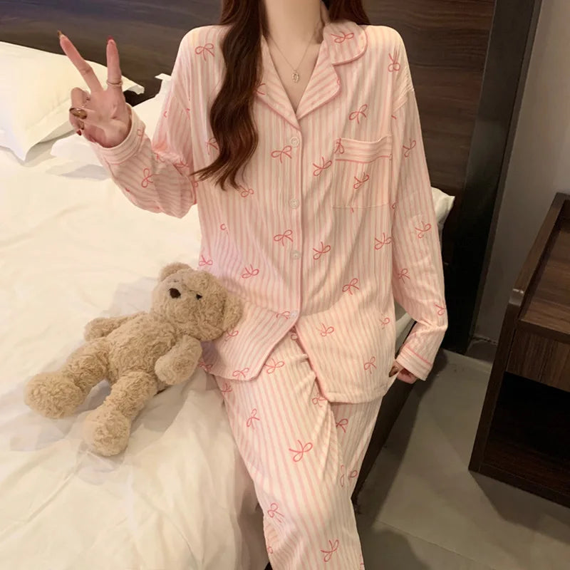 New Women's Spring and Fall Pajamas Homewear Set Wrinkled Cloth Sweet Girl Students Long-Sleeved Casual Pajamas Homewear Set