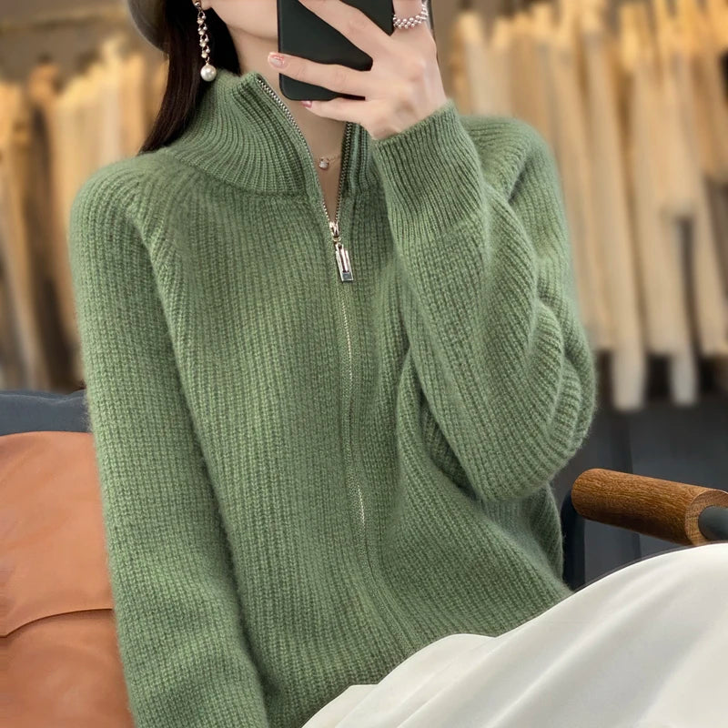 100% Pure Wool Zipper Cardigan Padded Shoulder Stand Collar Women's Cashmere Knitted Coat New Lapel Sweater