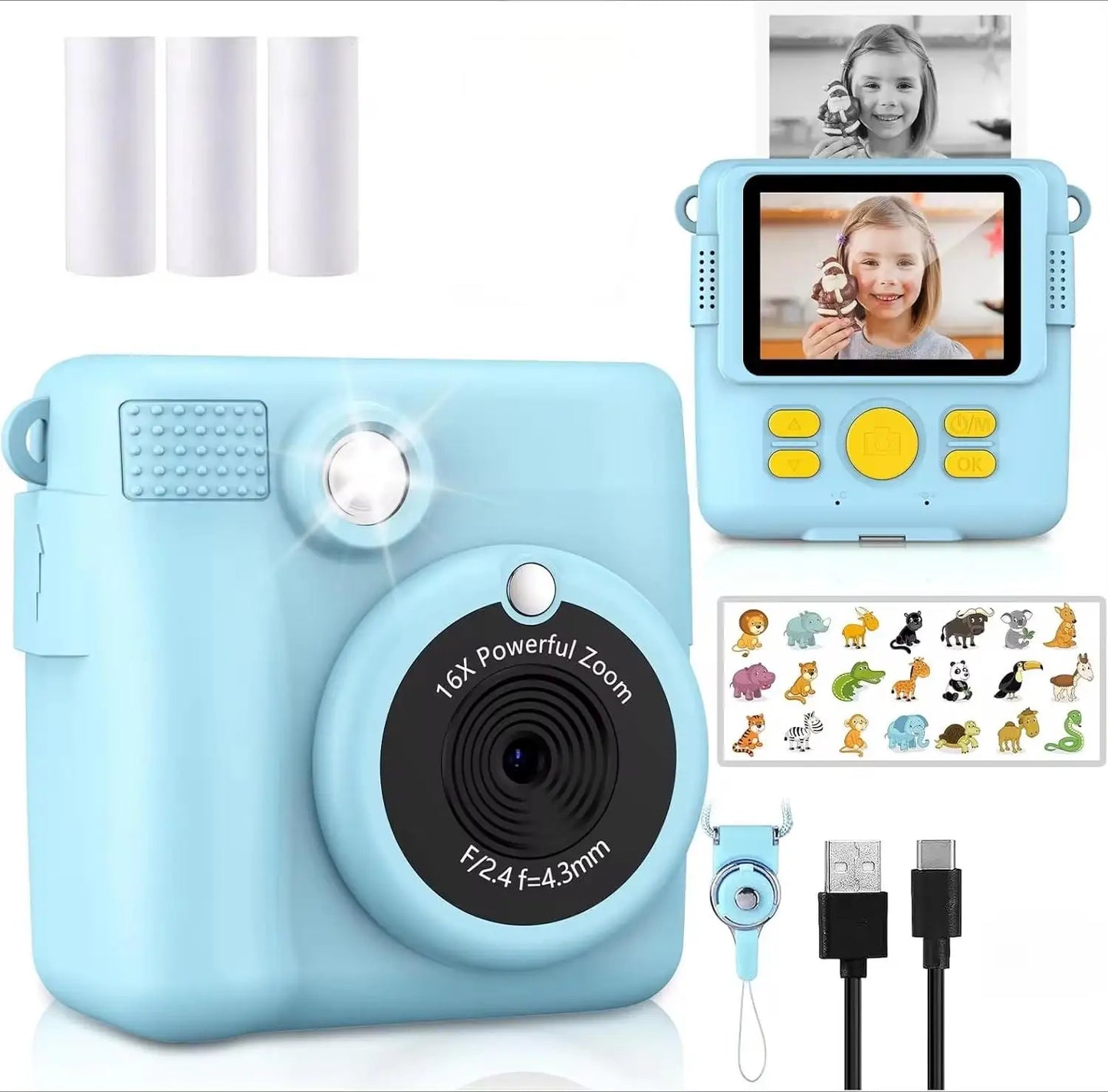 Instant Print Camera for Kids,1080P HD Digital Video Cameras for Toddler，Christmas Birthday Gifts for Age 3-12 Girls Boys，