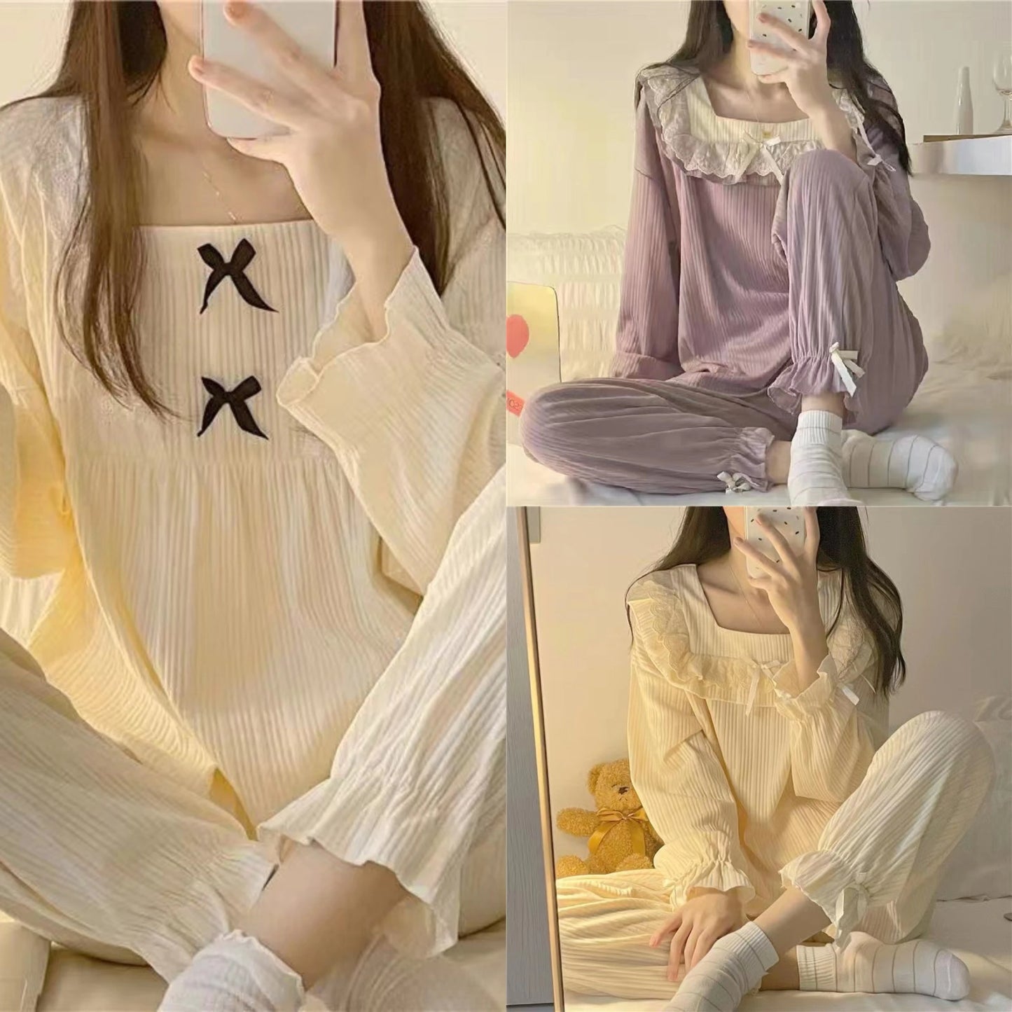 Pajamas Female 2 Sets Of Homewear Girls Spring And Autumn Long-Sleeved Trousers Sweet Student Princess Style Cute Homewear Set