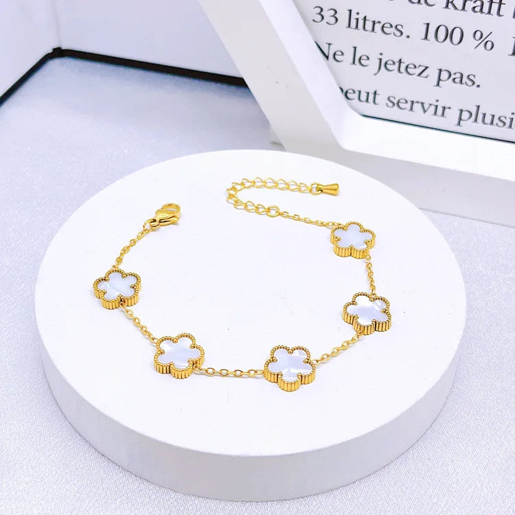 14K Gold Plated Cinquefoil Link Bracelet White Black Red Green Lucky Bracelet Necklace Earrings Jewellery Gifts Fashion Women