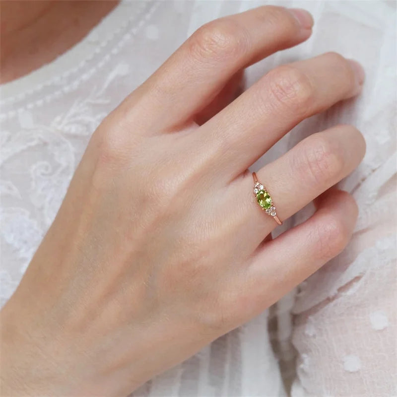 Simple Small Olive Green Stone Ring Rose Gold Color Oval Zircon Minimalist Stacking Thin Rings For Women Party Wedding Bands