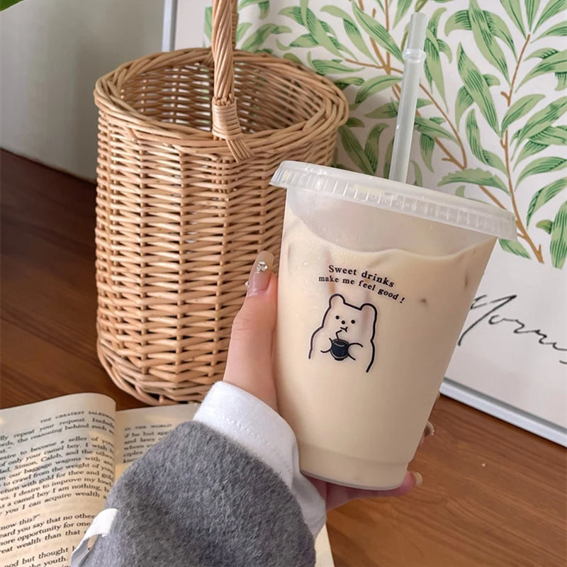 Kawaii Water Bottle For Coffee Juice Tea Cute Tumbler Plastic Cups With Straw Lid Portable Reusable Drinking Bottle BPA Free