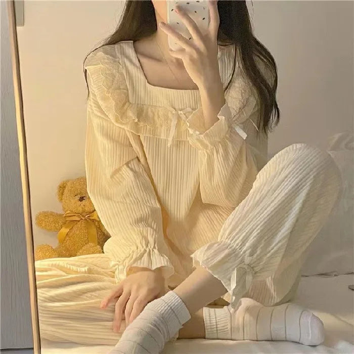 Pajamas Female 2 Sets Of Homewear Girls Spring And Autumn Long-Sleeved Trousers Sweet Student Princess Style Cute Homewear Set