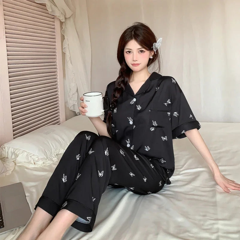 French Black Elegant Temperament Butterfly Women's Pajamas Slouchy Art Casual Home Pajamas 2024 New Summer Short Sleeve+pant Set