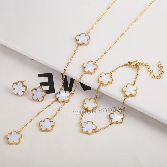 Gold Plated Stainless Steel Set Plum Blossom Plant Five Leaf Flower Bracelet Necklace Earrings Women's Luxury Gift Clover