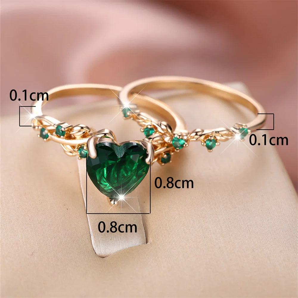 Royal Blue Green Black Red Stone Heart Ring Sets For Women Rose Gold Color White Zircon Bridal Wedding Bands Mothers Day Jewelry