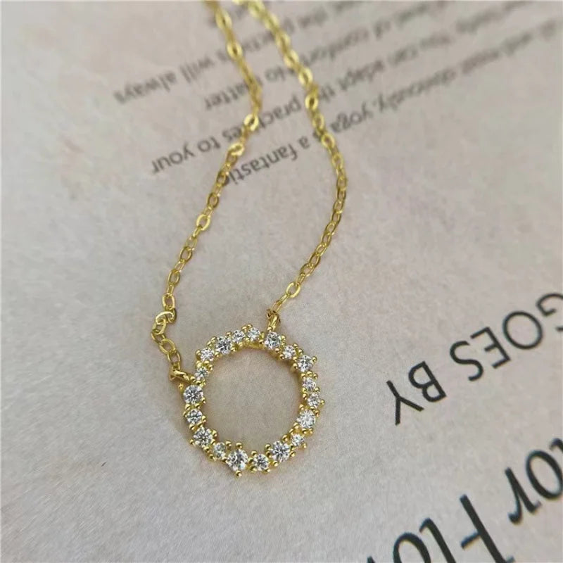 Hot Sale 925 Sterling Silver Plated 18K Gold Necklace with Full Diamond Circle Alternative style  K Gold Collar Chain