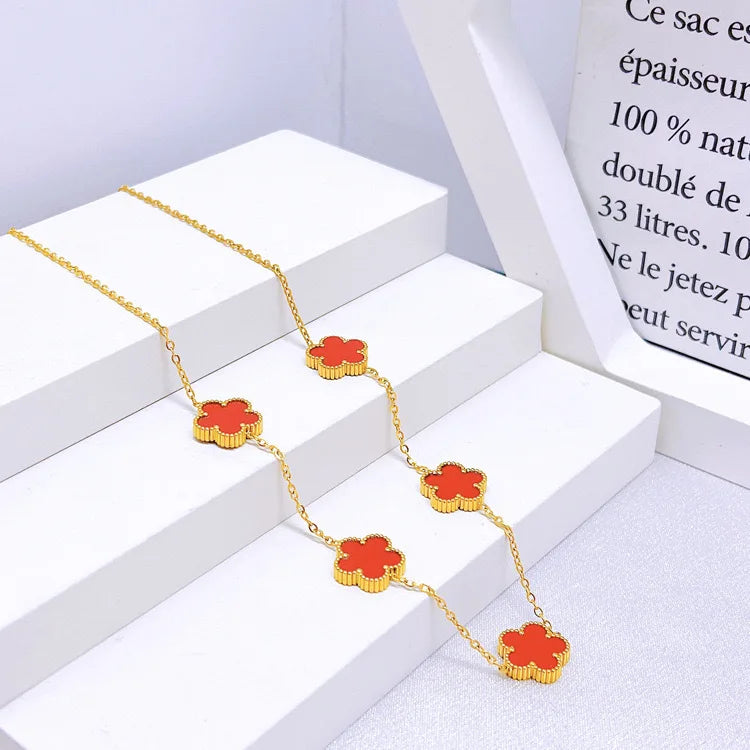 14K Gold Plated Cinquefoil Link Bracelet White Black Red Green Lucky Bracelet Necklace Earrings Jewellery Gifts Fashion Women