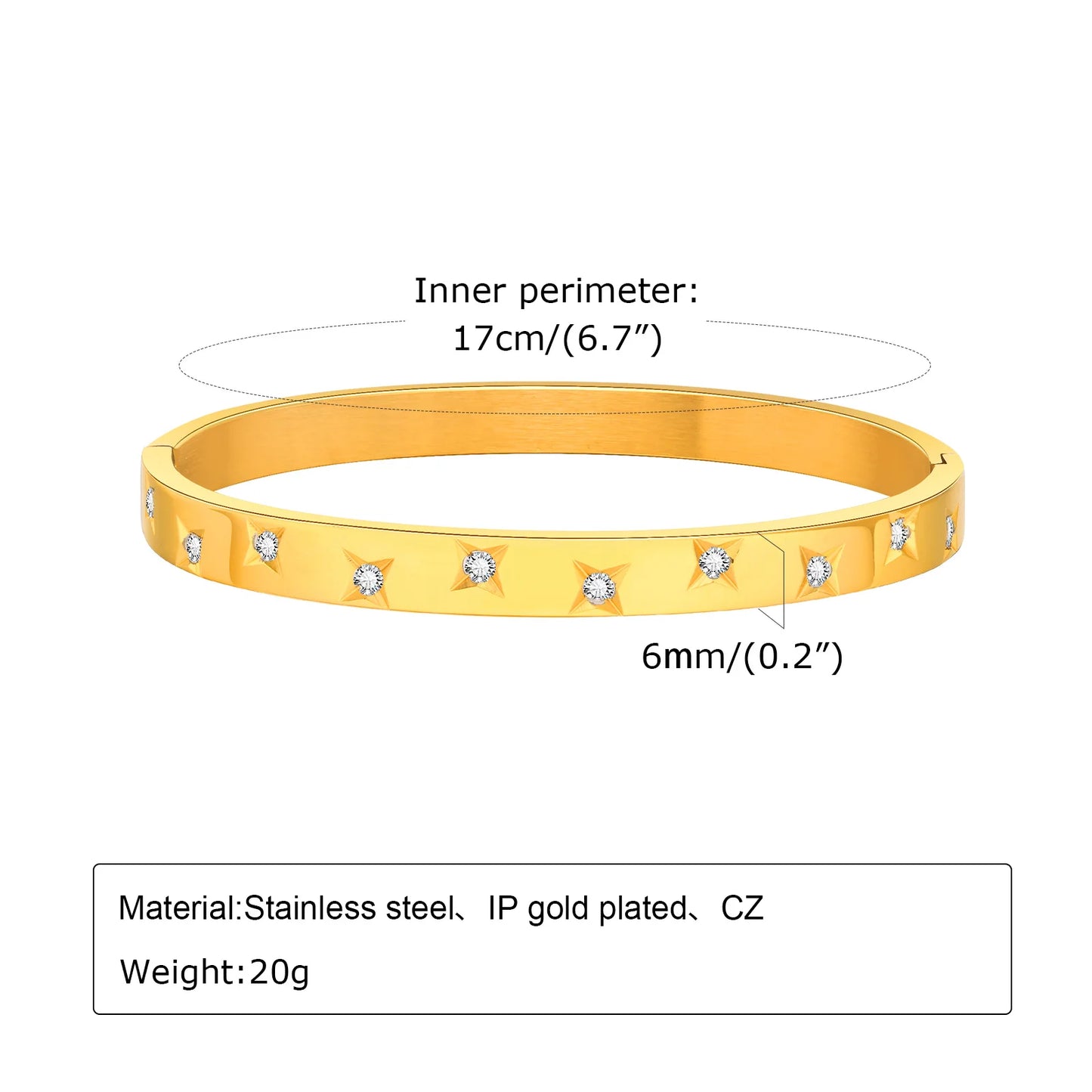 Open Adjustable Star Starburst Cuff Bangle Bracelet for Women Stainless Steel Cubic Zirconia Inlay Charm Layered Jewelry