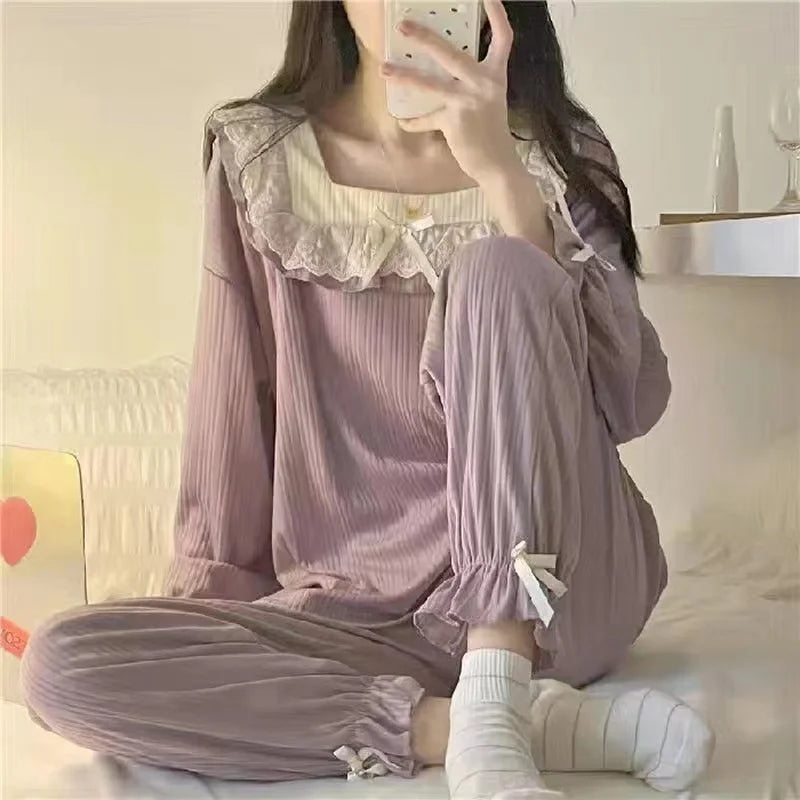 Pajamas Female 2 Sets Of Homewear Girls Spring And Autumn Long-Sleeved Trousers Sweet Student Princess Style Cute Homewear Set