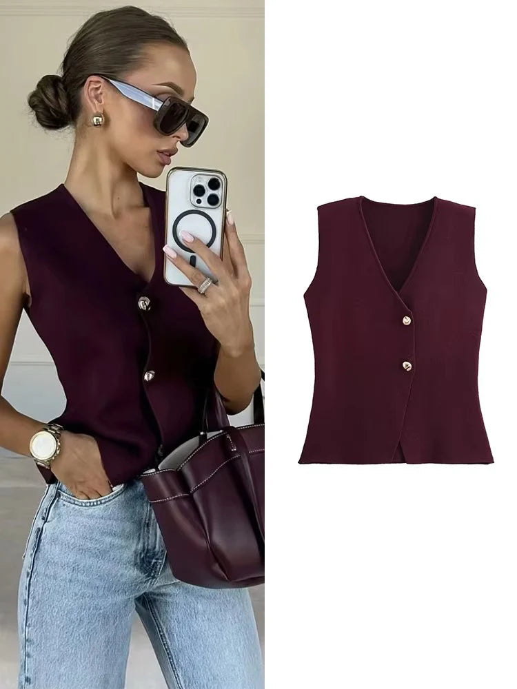 TFMLN 2024 New Gold Button Knitted Tank Top Fashion Autumn Knitted Vest Casual Women  Simple Wear