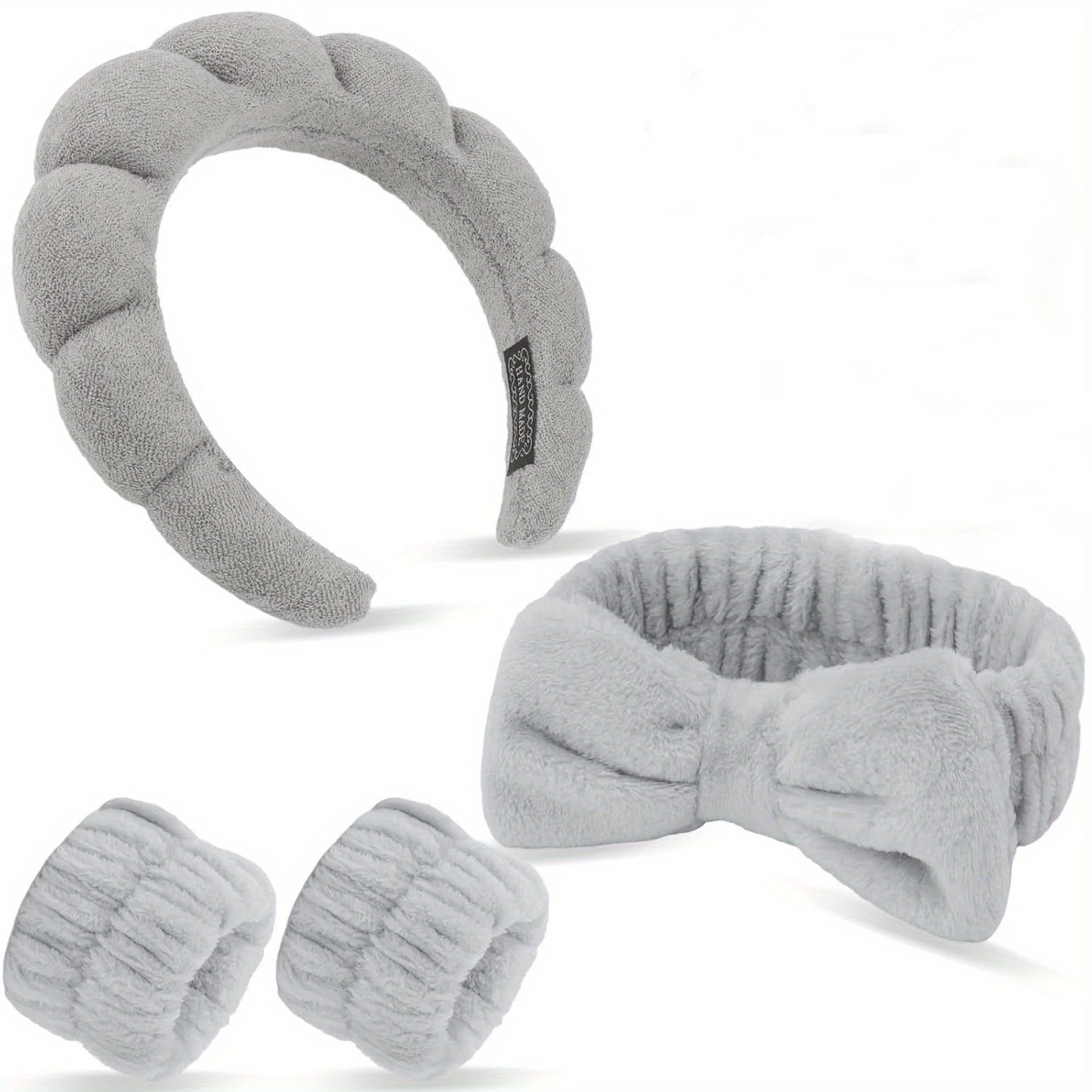 4-piece spa headband and wristband set, knitted design, suitable for face washing, makeup, showering and skin care