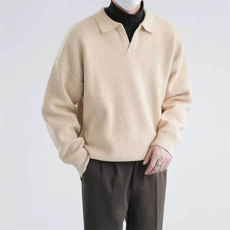 Korean Fashion V-neck Pullover Sweater Men's Casual Long Sleeve Knitted Polo Shirts Y2K Vintage Lapel Knitwear jersey hombre