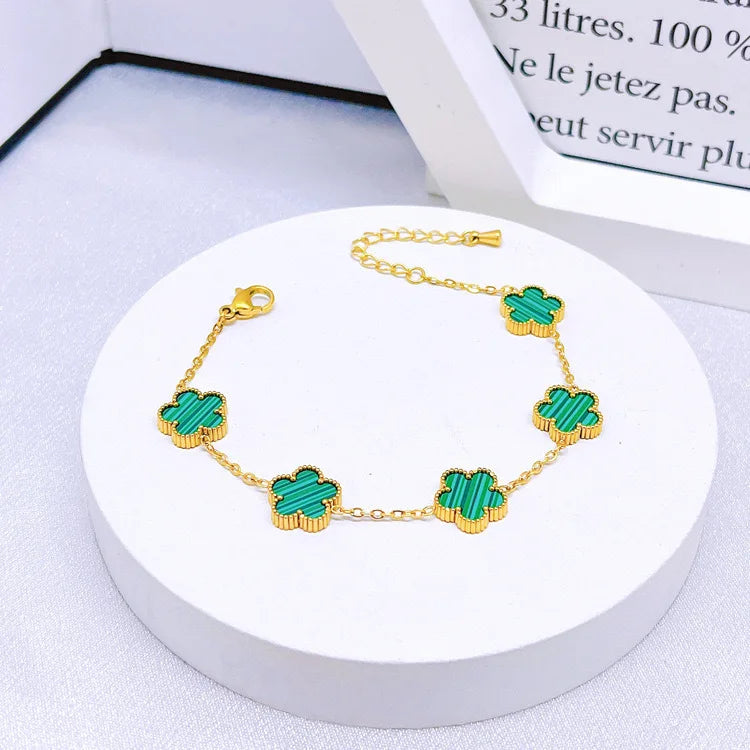 14K Gold Plated Cinquefoil Link Bracelet White Black Red Green Lucky Bracelet Necklace Earrings Jewellery Gifts Fashion Women