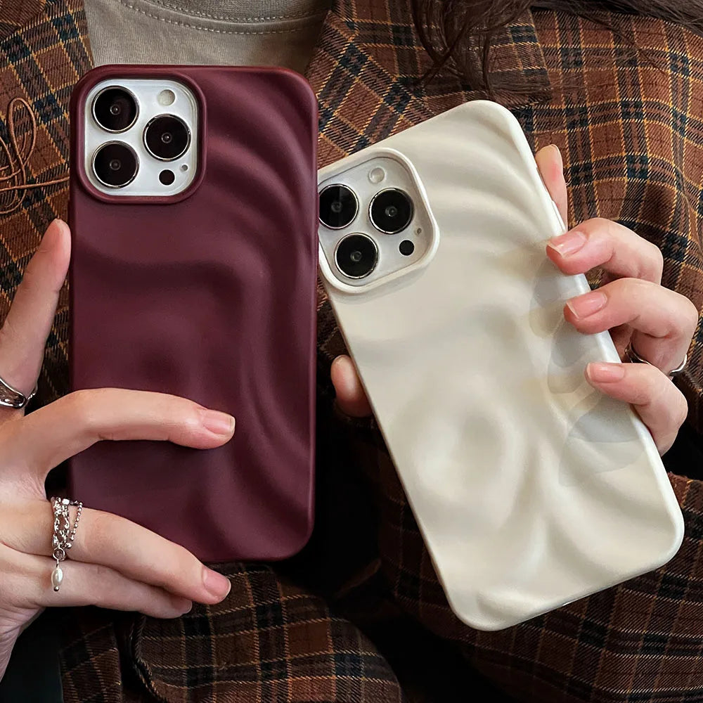 Ins Winter Wine Red 3D Pleats Wrinkle Phone Case for iPhone 12 13 14 15 16 Pro Max Soft Matte Cases for iPhone 11 Back Cover