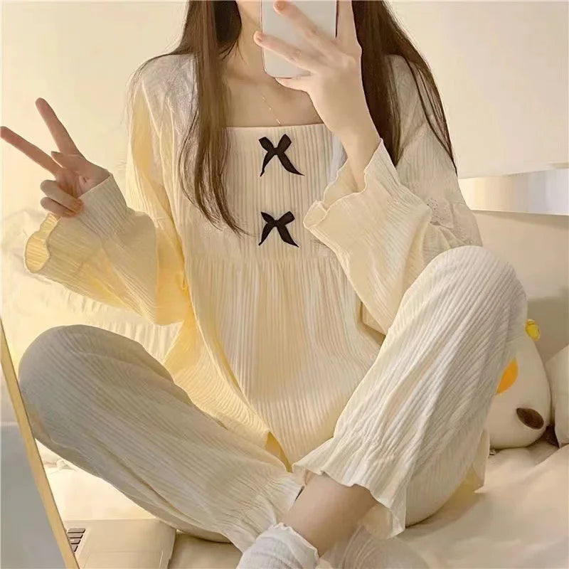 Pajamas Female 2 Sets Of Homewear Girls Spring And Autumn Long-Sleeved Trousers Sweet Student Princess Style Cute Homewear Set