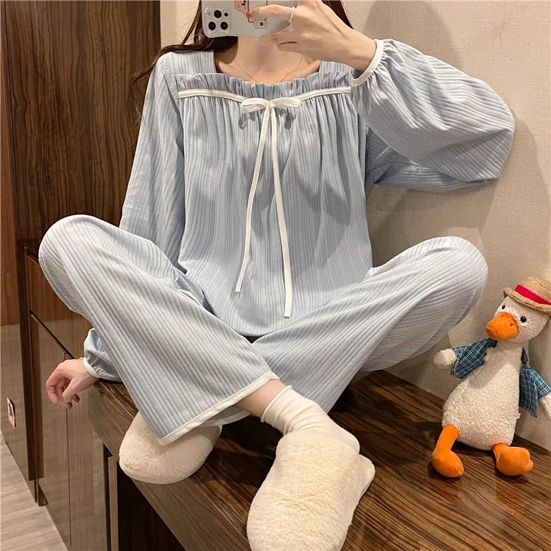 Women's Spring and Autumn Pajamas Set Women's Long-Sleeved Long Trousers Pajamas Homewear Sweet Leisure Homewear Loose Set