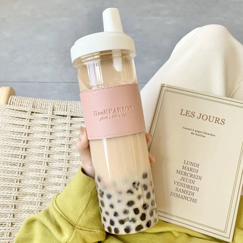 850ML Cute Pearl Milk Tea Straw Plastic Water Bottle with Cup Cover Women Large Capacity Juice Boba Milk Cup Drop-proof