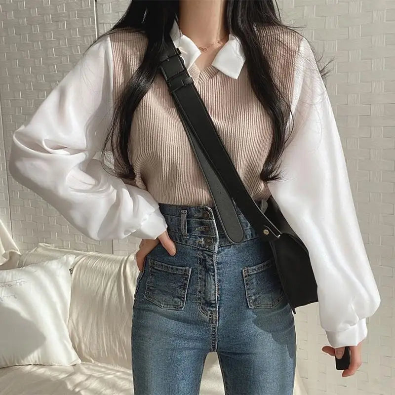 Summer Blouse Women Korean Style False Two-piece Polo Collar Blouses Y2k Tops Streetwear Loose Youth Pullovers Elegant Shirt