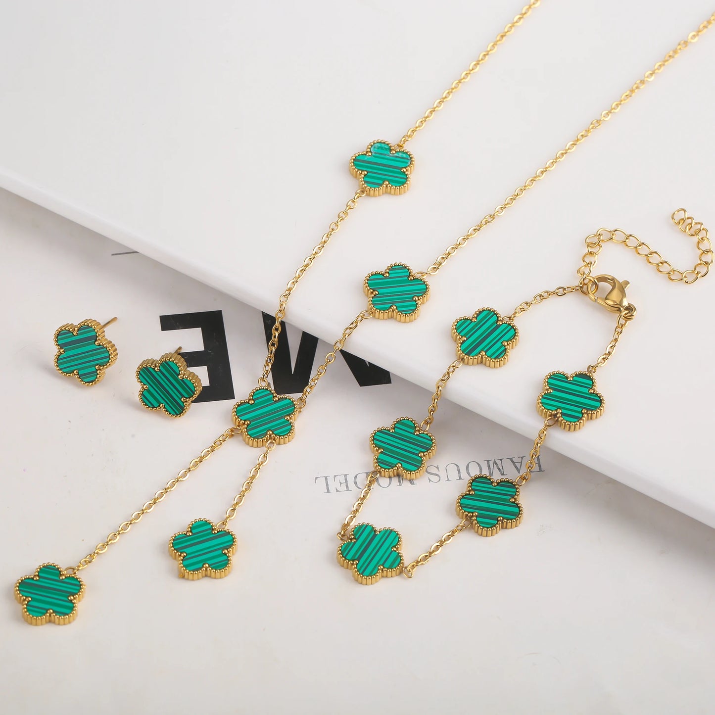 Gold Plated Stainless Steel Set Plum Blossom Plant Five Leaf Flower Bracelet Necklace Earrings Women's Luxury Gift Clover