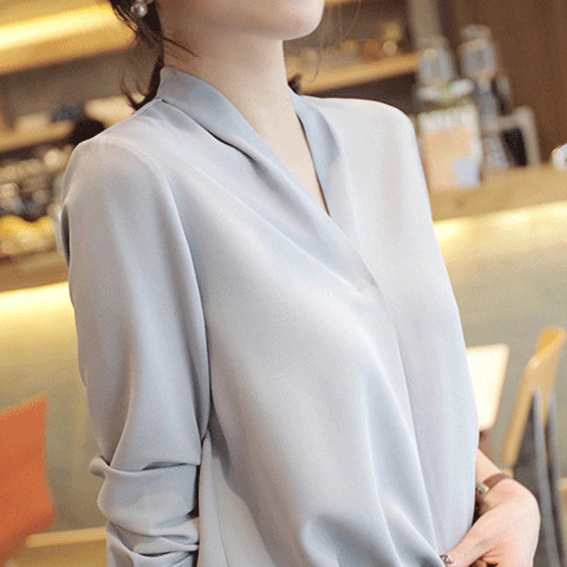 New Fashion Long Sleeve V Neck Chiffon Women's Shirts Spring Summer White Women Blouse Office Lady Clothes Korean Tops  9382