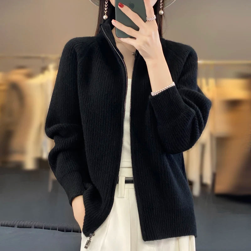 100% Pure Wool Zipper Cardigan Padded Shoulder Stand Collar Women's Cashmere Knitted Coat New Lapel Sweater