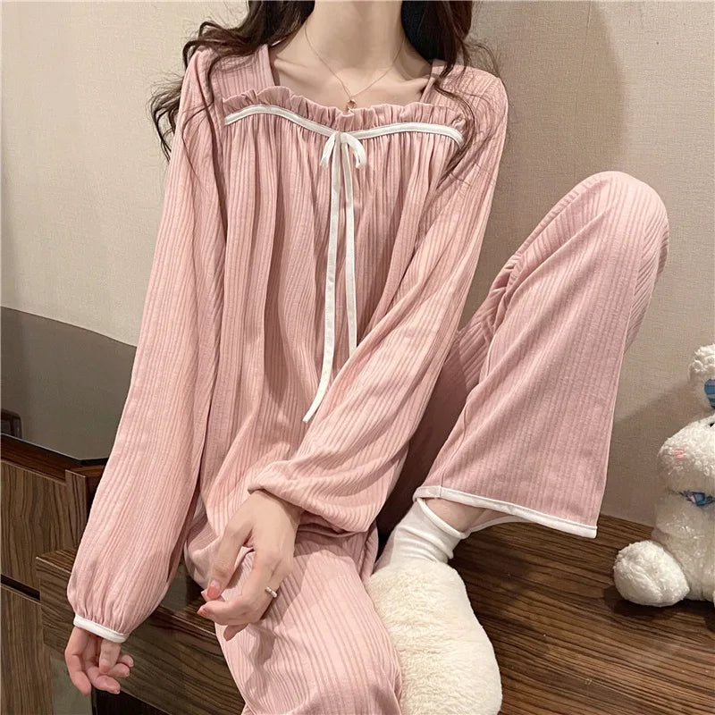 Women's Spring and Autumn Pajamas Set Women's Long-Sleeved Long Trousers Pajamas Homewear Sweet Leisure Homewear Loose Set