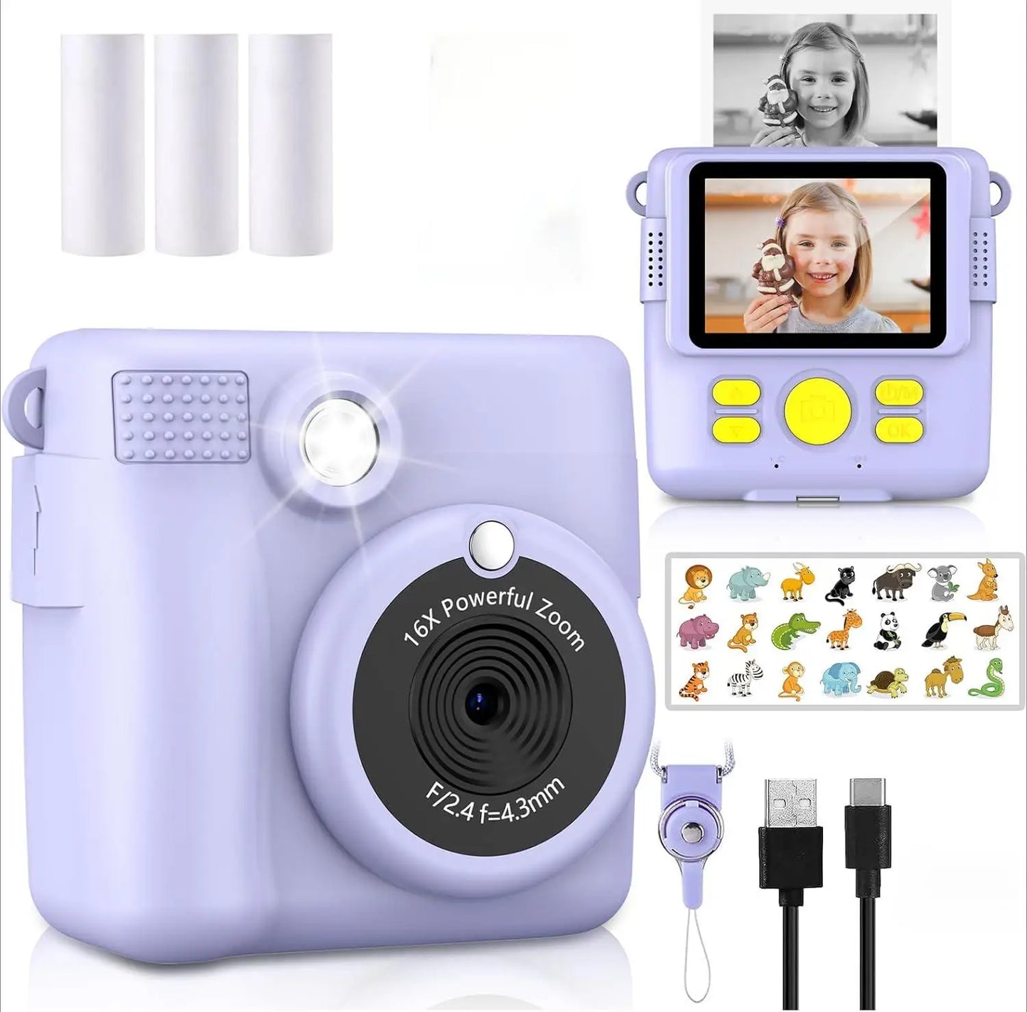 Instant Print Camera for Kids,1080P HD Digital Video Cameras for Toddler，Christmas Birthday Gifts for Age 3-12 Girls Boys，