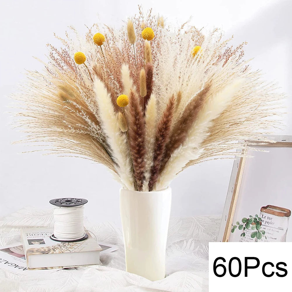 Natural Pampas Dried Flowers Bouquet for Boho Home Vase Decor Bunny Rabbit Tails Grass Artifical Flower Wedding Party Decoration