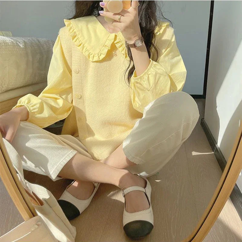 Sweet Peter Pan Collar Shirt Women Vintage Long Sleeve Blouse Female Preppy Style Yellow Blue Loose  Buttons Youth Tops 2023 Y2k