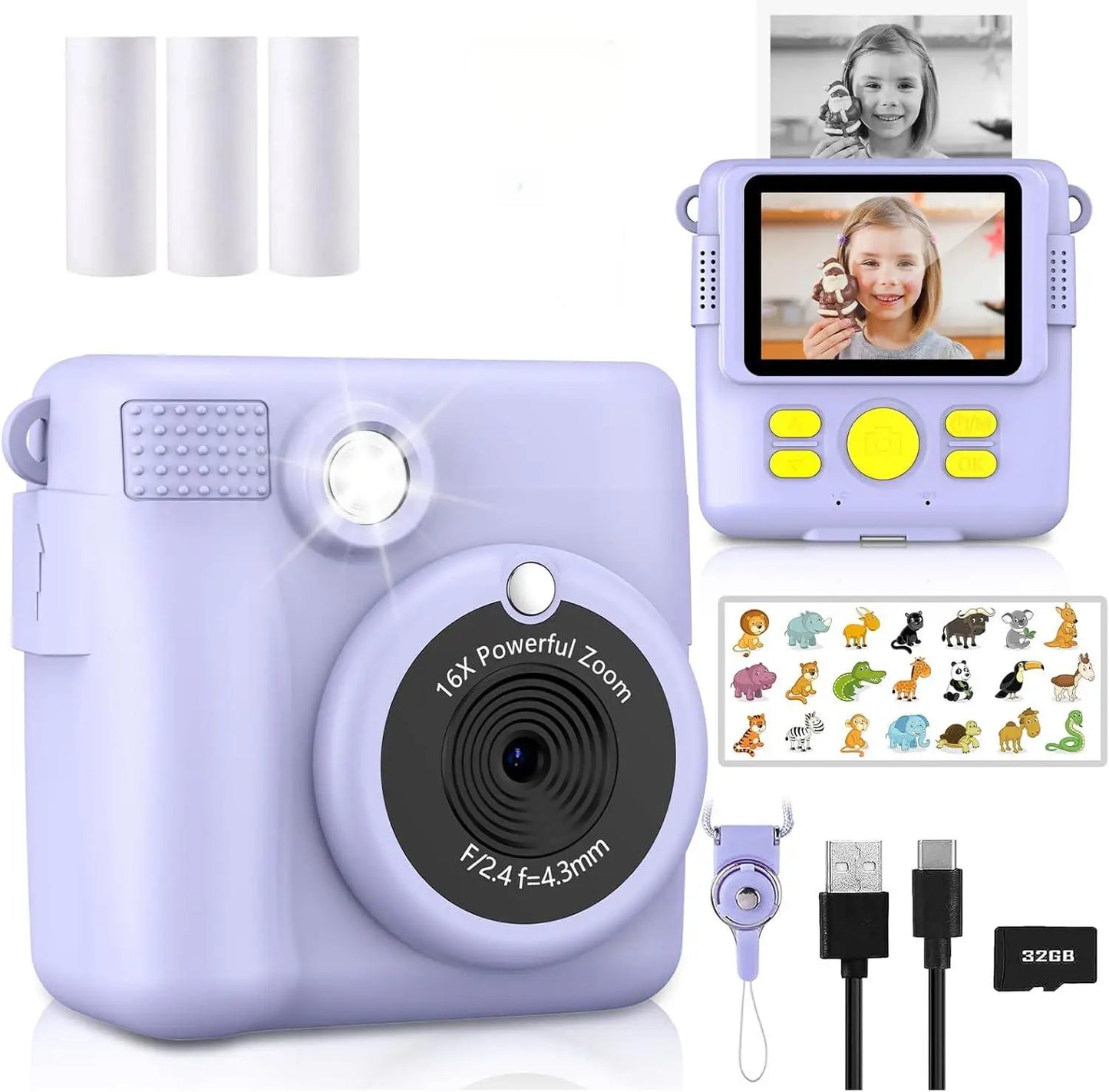 Instant Print Camera for Kids,1080P HD Digital Video Cameras for Toddler，Christmas Birthday Gifts for Age 3-12 Girls Boys，