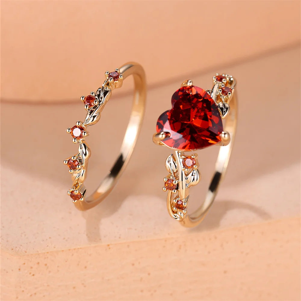 Royal Blue Green Black Red Stone Heart Ring Sets For Women Rose Gold Color White Zircon Bridal Wedding Bands Mothers Day Jewelry