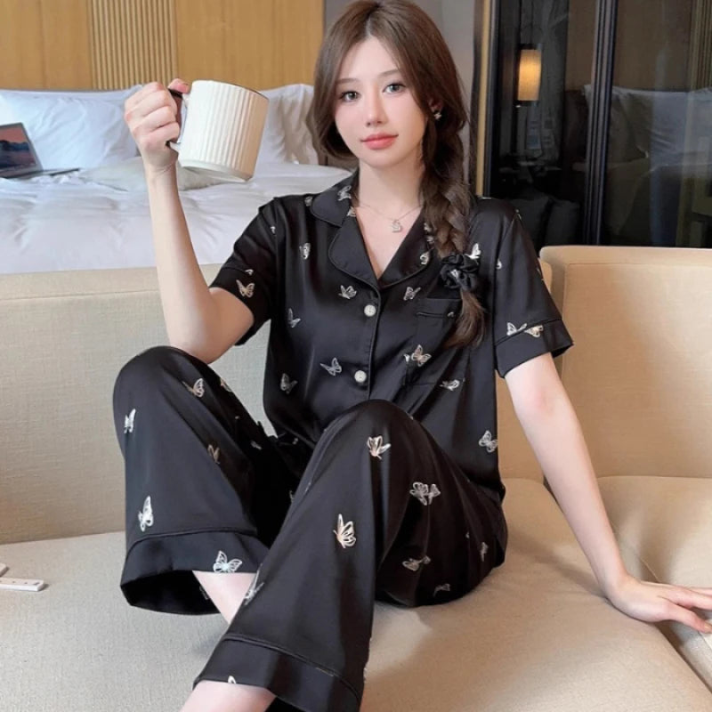 French Black Elegant Temperament Butterfly Women's Pajamas Slouchy Art Casual Home Pajamas 2024 New Summer Short Sleeve+pant Set